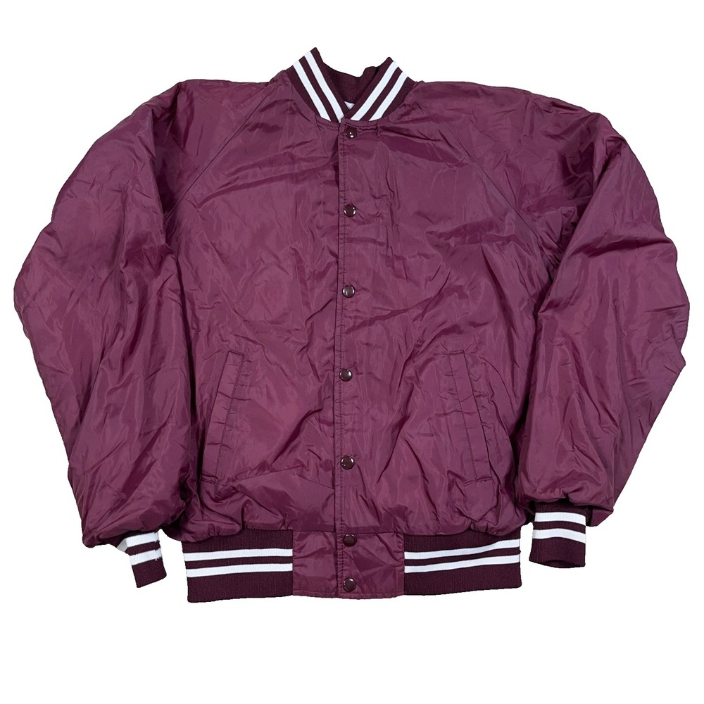 Vintage Satin Jacket Men‎ Large Maroon Bomber Made In USA 80s 90s Blank Plain